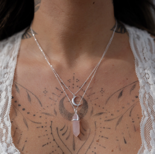 Collar Doble Luna - Cuarzo Rosa Natural y Plata 925